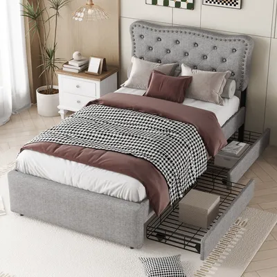 A bedroom scene with a bed, nightstand, and plant.
