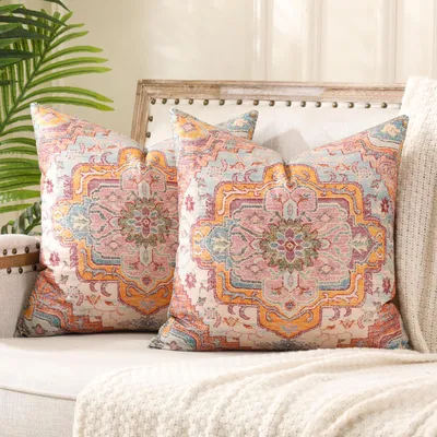 Produktbild von Boho-Kissenbezüge, orange, 40 x 40 cm, mit floralem Boho-Muster im Vintage-Teppich-Stil, dekorativ für Wohnzimmer, Sofa, Schlafzimmer, Herbst