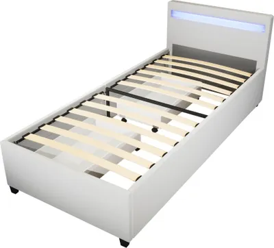 A white bed frame with a slatted base and LED lighting in the headboard, shown from a diagonal angle.