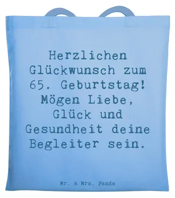 Produktbild von Mr. & Mrs. Panda Shopping Tasche Spruch 65. Geburtstag - Sky Blue - Geschenk, Alter, Einzigartige Designs, Geburtstagsgeschenk, Meilenstein, Jutebeutel, Wunder, Tote Bag