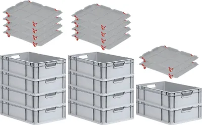 Produktbild von SparSet 10x Eurobox NextGen Economy mit Auflagedeckel und 4x Schiebeschnappverschlüsse Rot | Griffe offen | HxBxT 17x40x60cm | 34 Liter | Eurobehälter, Transportbox, Transportbehälter, Stapelbehälter