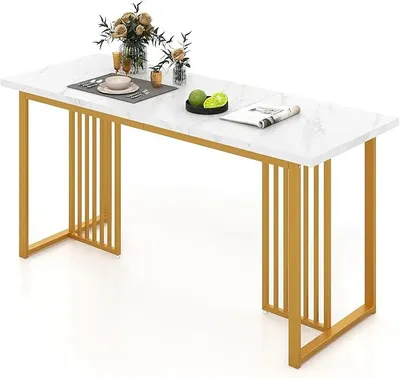 Produktbild von Esstisch Marmor Optik, Küchentisch 160 x 60 cm für 6-8 Personen, Rechteckiger Esszimmertisch mit Metallbeinen, Bartisch für Restaurant, Küche