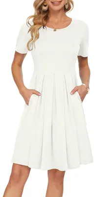 Produktbild von AUSELILY Damen Kurzarm Plissee Loose Swing Freizeitkleid mit knielangen Taschen