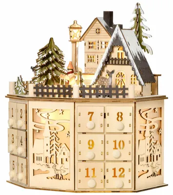 Produktbild von Zimilo Adventskalender aus Holz mit LED Beleuchtung, Weihnachtshaus mit 24 Schubladen zum Befüllen, Weihnachtsdeko für Familie und Kinder