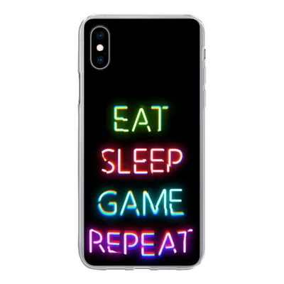 Produktbild von MuchoWow® Handyhülle Schutzhülle Hülle für iPhone Xs Gaming - Led - Zitat - Eat sleep game repeat - Gaming Silikon Softcase Handy Hülle - Handytasche