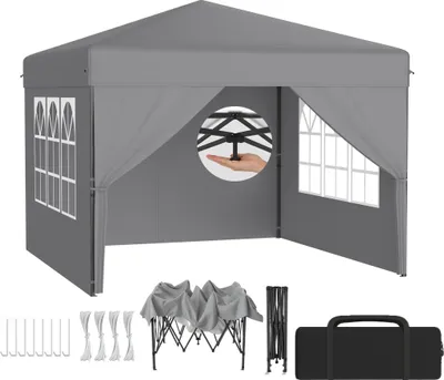 Produktbild von LZQ Pop-Up Pavillon 2,5x2,5 m Faltpavillon für Garten & Terrasse, Wasserdicht, UV-Schutz, Ein-Knopf-Schnellaufbau, 3-fach höhenverstellbar, Grau (mit Seitenwände)