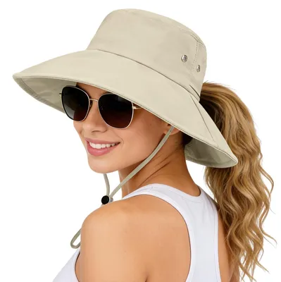 Produktbild von Sonnenhut Damen, breite Krempe, faltbar, mit Pferdeschwanzöffnung, UV-Schutz, beige
