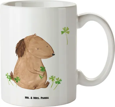 Produktbild von Mr. & Mrs. Panda Große Teetasse Hund Kleeblatt - Weiß - Geschenk, Pott, Glück, Viel, Haferl, weisse tasse, Niedlich, Keramiktasse, Sprüche, Riesenkaffeetasse