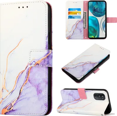 Produktbild von Moto G52 Hülle, Marmor Motiv Kunstleder Tasche Wallet Kartenfächer mit Standfunktion Klapp Schutzhülle für Motorola Moto G52 Weiß Lila