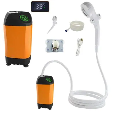 Produktbild von ZELURXX Tragbare Campingdusche mit Akku, Temperaturanzeige, 160 Min. Laufzeit, einstellbarem Wasserdurchfluss, 2 m Schlauch, Orange