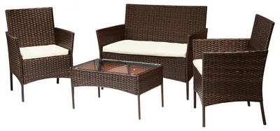 Produktbild von Ikodm Polyrattan Gartenmöbel Set 4-teilig Braun mit Sofa, 2 Sesseln, Glastisch und waschbaren Kissenbezügen