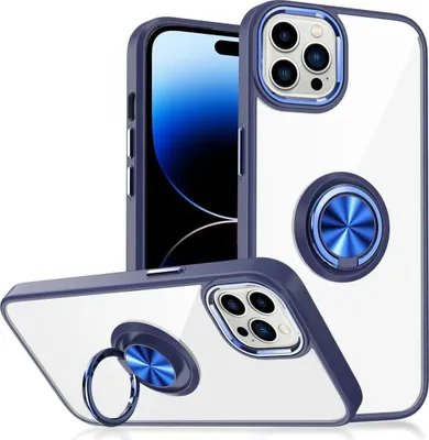 Two views of a clear phone case with a blue bumper and a blue ring stand, showing the camera cutout and the ring stand.