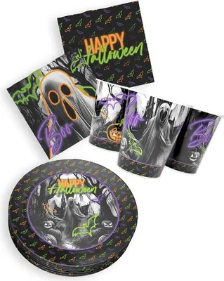Produktbild von Halloween Neon 3-tlgSet mit 16 Papptellern, 16 Pappbechern und 40 Servietten