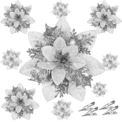 Immagine prodotto di Fiori artificiali natalizi, glitter, stella di Natale, 20 pezzi, argento, con clip, 14 cm