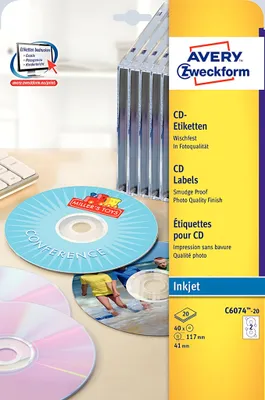 Produktbild von Avery C6074-20, Weiß, Kreis, Permanent, A4, CD/DVD, Papier