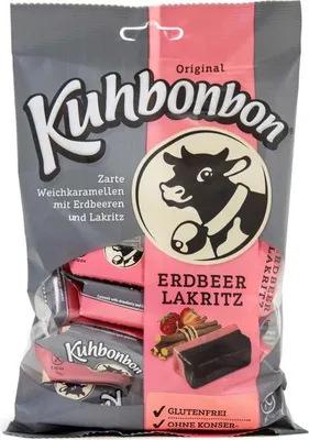 Produktbild von Kuhbonbon Erdbeer Lakritz einzeln verpackte Weichkaramellen 200g