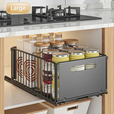Image de Organisateur de placard de cuisine extensible - Système de tiroirs - Acier robuste - Montage adhésif sans perçage - Grand modèle - Noir