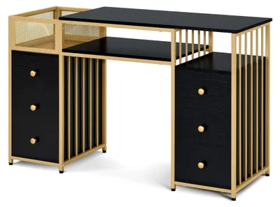 Produktbild von Schreibtisch mit 6 Schubladen und Ablagen, Manikürtisch, Schminktisch ohne Spiegel, Computertisch, 46x125x81cm, Schwarz-Gold