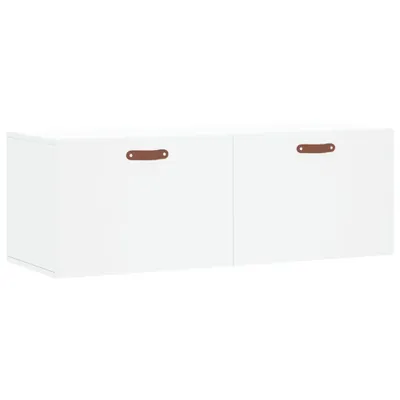 A white wall-mounted cabinet with two doors, each featuring a brown leather handle.