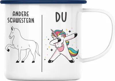 Produktbild von Trendation - Schwester Geschenk Geburtstag Emaille Tasse Geschenkideen Emaille Tassen mit Spruch für Schwester (Blau)