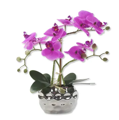 Produktbild von Kunst-Pflanze Orchidee ovaler Topf silber hochglanz und lila Blüten 33cm hoch künstliche Blume Phalaenopsis