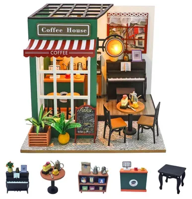 Image de Miniature maison de poupée en bois, kit de bricolage, café, couleur verte, dimensions : 22 x 19 x 19,5 cm