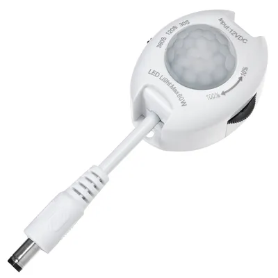 A white infrared motion sensor with a cable and connector, set against a white background.