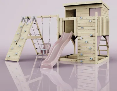 Produktbild von OutdoorToys Spielturm Emil aus Holz in Rosa Altrosa, mit Babyschaukel