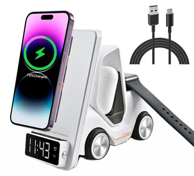 Produktbild von Fast Wireless Charger Stand, 5 in 1 Induktive Ladestation Schnellladegeraet 15W Magnetisches Kabelloses Ladegeraet fuer iPhone, Samsung, Huawei, Xiaomi, Apple Watch, AirPods, Universal