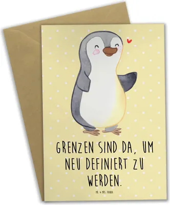 Produktbild von Mr. & Mrs. Panda Grußkarte Pinguin Amputation - Gelb Pastell - Geschenk, weihnachtskarten, osterkarte, Grußkarten, hochzeitskarten, Armamputation, vatertagskarte