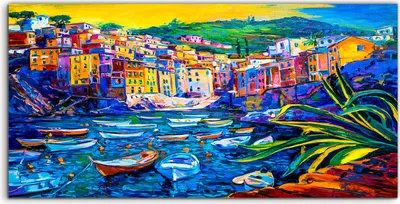 Produktbild von Coloray Acrylbild 140x70  Wandbild Acrylbilder Italien Stadt Wasser boote Berg bauten