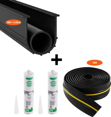 Image de SucceBuy Kit de seuil et de joint de sol pour porte de garage, 16 pieds en forme de U + joint torique, joint de sol universel pour porte de garage, bande d'intempéries en PVC avec adhésif, noir
