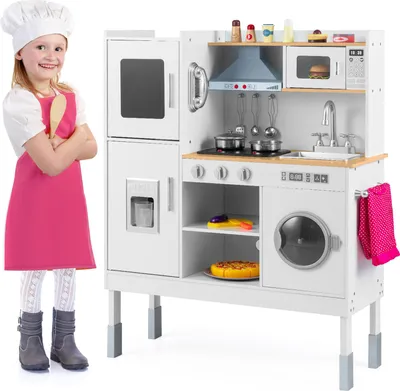 Produktbild von COSTWAY Kinderküche Holz, Spielküche mit Tafel, Mikrowell, Spüle, Ofen, Stauraum, Licht&Sound, inkl. Zubehör, Spielzeugküche für Kinder 3+Weiß+Natur