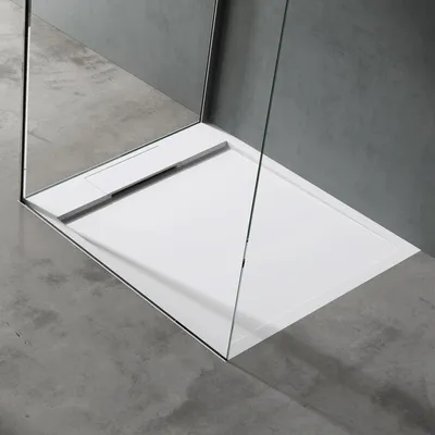 Produktbild von doporro Duschtasse Duschwanne 90x100x4 flach Mineralguss in Weiß inkl. Ablaufgarnitur AL06 DIN-Anschlüsse für bodenebene Montage geeignet Geoma04