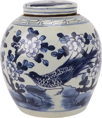 Immagine prodotto di Fine Asianliving Vaso cinese con coperchio Blu Bianco Porcellana dipinta a mano Uccelli D30xH30cm Vaso decorativo Vaso di fiori Vaso di ceramica orientale Vaso di decorazione Vaso di decorazione da tavolo moderno Vaso