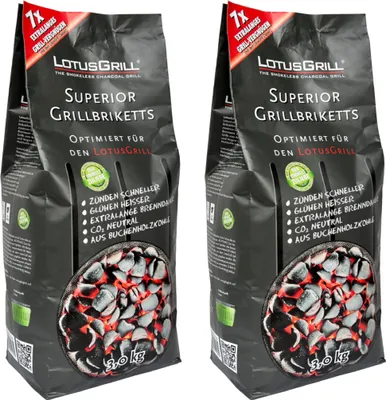 Obrázok produktu pre 2x LotusGrill Superior BBQ-Briquettes 3KG - CO2 neutrálne, rýchle zapaľovanie, + doba horenia