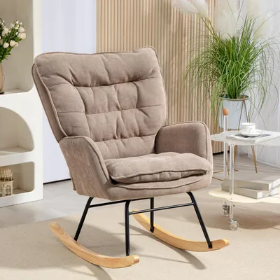 Image de Fauteuil à bascule en chenille marron, fauteuil relax à assise large et patins en bois, fauteuil à bascule à dossier haut | 71 x 98,5 x 97 cm | jusqu'à 120 kg | bois de hêtre