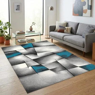 Produktbild von TapisTrend Designerteppich Türkis 80x150 cm Moderner abstrakter Teppich mit geometrischen Formen für Wohnzimmer, Schlafzimmer und Esszimmer
