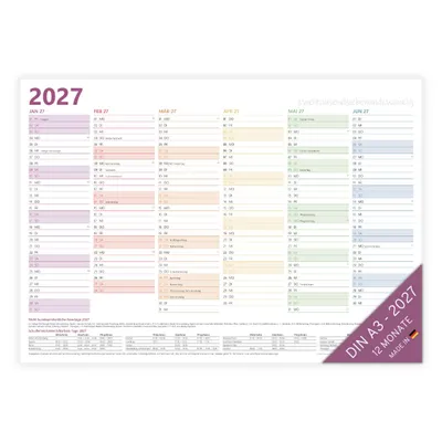 Produktbild von PuK Jahresplaner 2027 DIN A3 - Wandkalender mit Ferien und Feiertagen