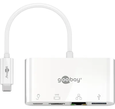 Imagen del producto de Adaptador multipuerto USB-C de goobay, con HDMI y Ethernet/PD, color blanco (pack de 1 unidad)