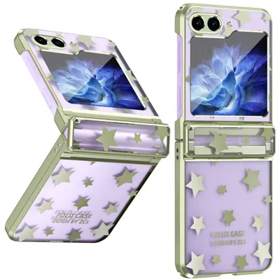 Immagine prodotto di Custodia trasparente per Samsung Galaxy Z Flip 5, custodia zincata con motivo a stella e protezione cerniera verde