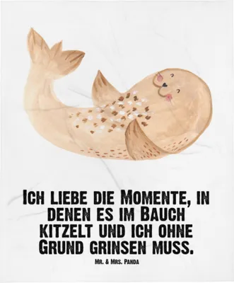 Produktbild von Mr. & Mrs. Panda Fleecedecke Robbe Liegen - Weiß - Geschenk, Lustige Sprüche, Babydecke, Meerestier, Erstlingsdecke, Plaid, Schlummerdecke, Nordsee, Strand, Robben