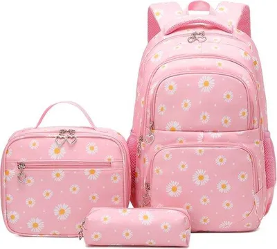 Image de Sac à dos d'école pour filles, adolescentes et femmes - Ensemble sac à dos d'école à motif floral pour filles, pour les loisirs, avec pochette à goûter et trousse