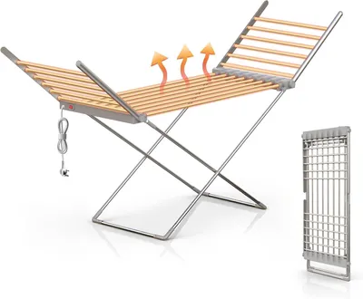 Produktbild von Beheizbarer, klappbarer Wäscheständer, platzsparend, 145L x 54B x 94H cm | Tragfähigkeit 15KG, leise und sicher, 20 Heizrohre, Aluminiumlegierung, elektrischer Flügeltrockner für Innenräume, Silber