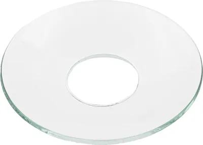 A clear glass ring with a hole in the center, isolated on a white background.