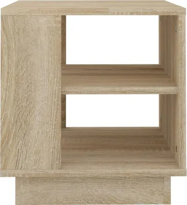 A simple, front-facing view of a wooden side table with two open shelves and a closed compartment on the left.