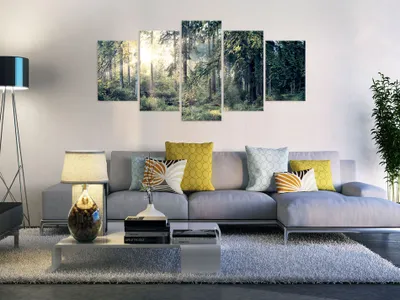 Image de Tableau acoustique Paysage forestier 200 x 100 cm Tableaux Mousse acoustique Absorbeur acoustique haute performance Isolation acoustique Toile 5 pièces Tableau mural Acoustique intérieure Isolation acoustique c-C-0033-b-p