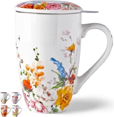 Productafbeelding van PromoHome® keramische koffiemok met bloemenmotief, 350 ml, vaatwasmachinebestendig, geschikt voor de magnetron, wit/blauw