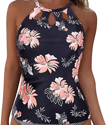 Produktbild von Hessimy Tankini-Badeanzug für Damen, hochgeschlossen, gerüscht, bauchweg, Oberteil mit Unterteil, Badeanzüge (Z03-Pink, XXL)