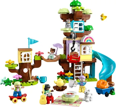 Produktbild von LEGO 10993 DUPLO 3-in-1 Baumhaus Spielzeug für Kleinkinder ab 3 Jahren, Mädchen und Jungen mit 4 Figuren, Tieren, Konstruktionsspielzeug mit Bausteinen und einer Rutsche, Lernspielzeug